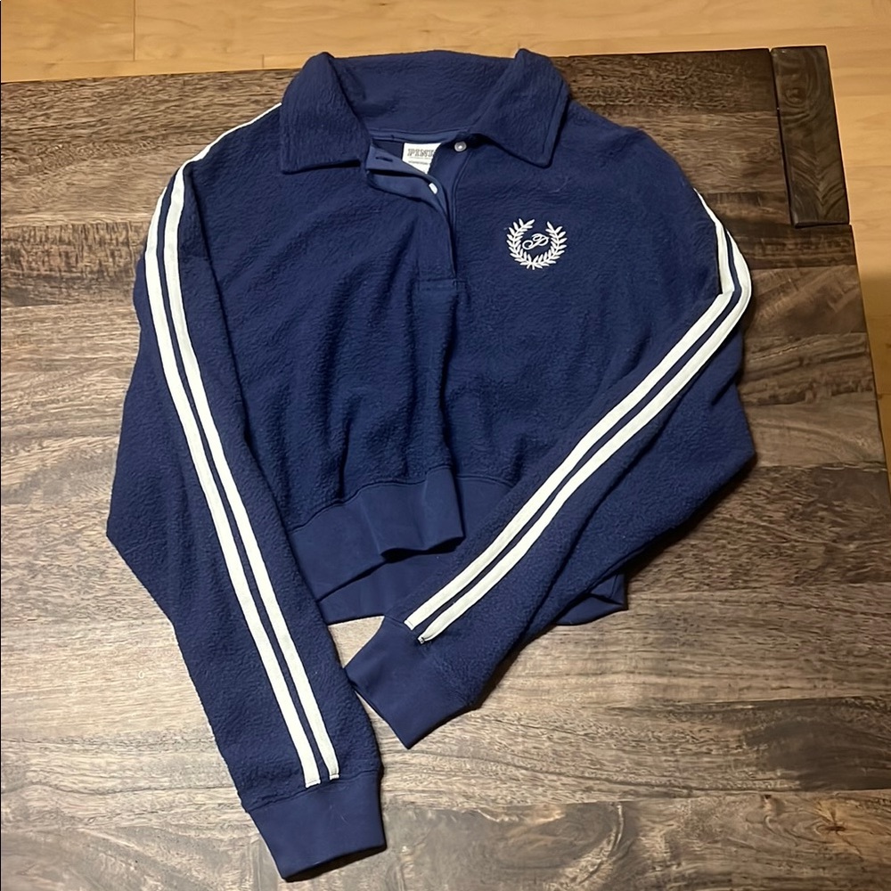 PINK Navy Blue Cropped Quarter Zip Fleece with Stripe Sleeves